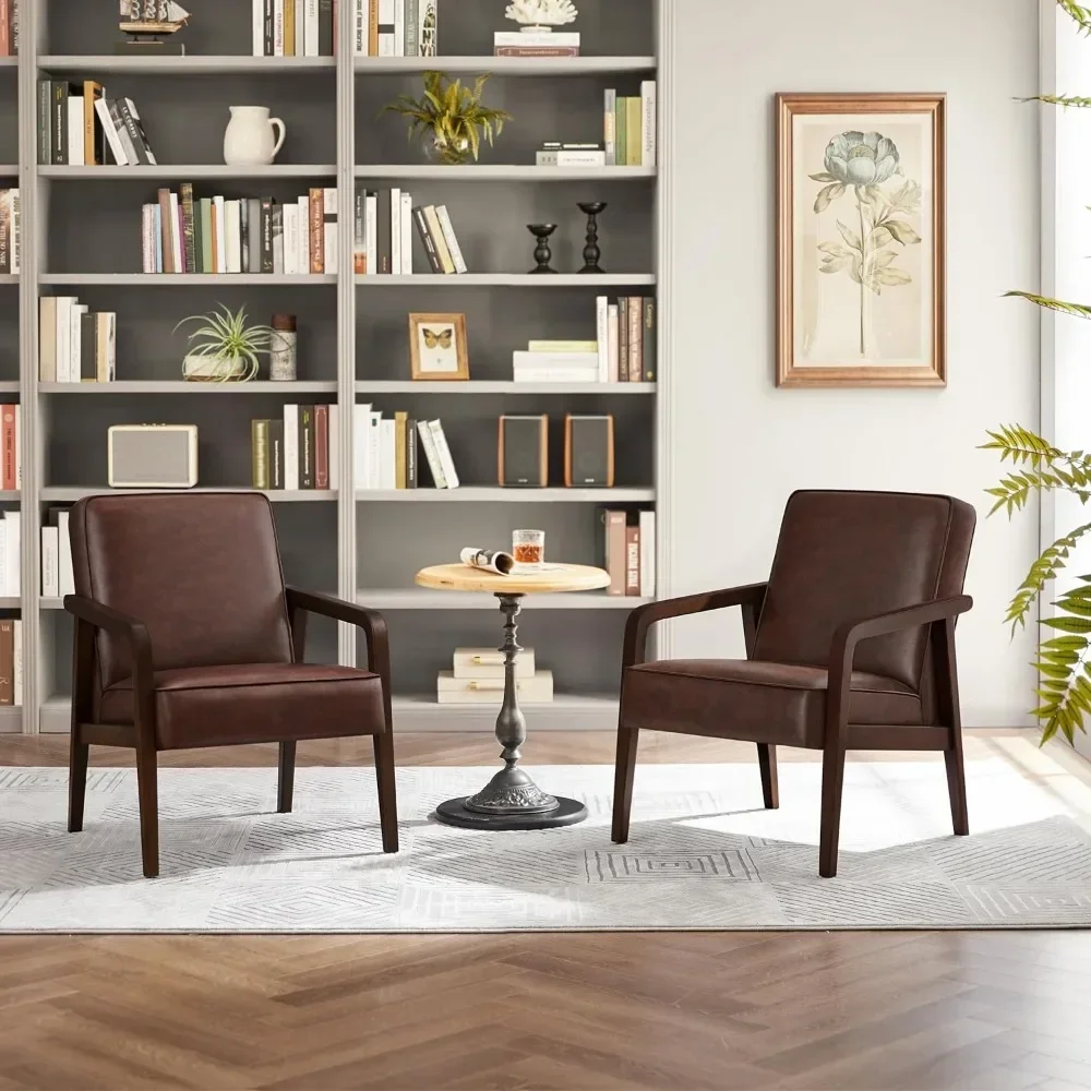 PU Leather Accent Chair, Mid-Century Modern Barrel Chair with Wooden Frame and Soft Thick Padded , 2 Pieces, Dark Brown