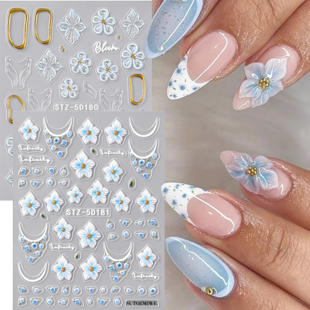 1-2pcs Blue Hibiscus Floral 5D Nail Stickers Summer DIY Nail
