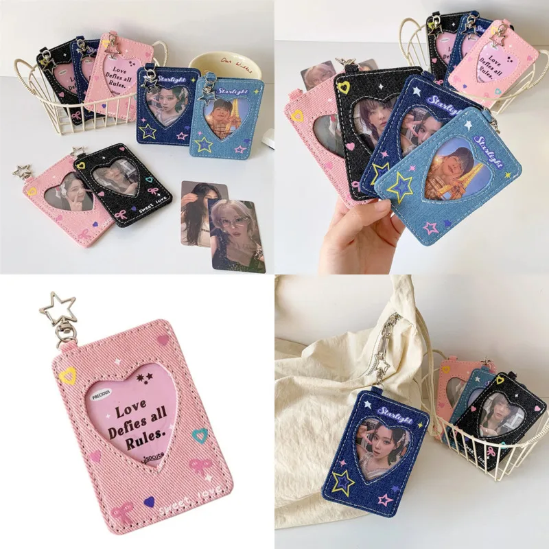 

Denim Cute Y2K Star Card Holder Love Heart Keychain Photocard Case Backpacks Women's Handbag Hanging Girl ID Card Storage Cover