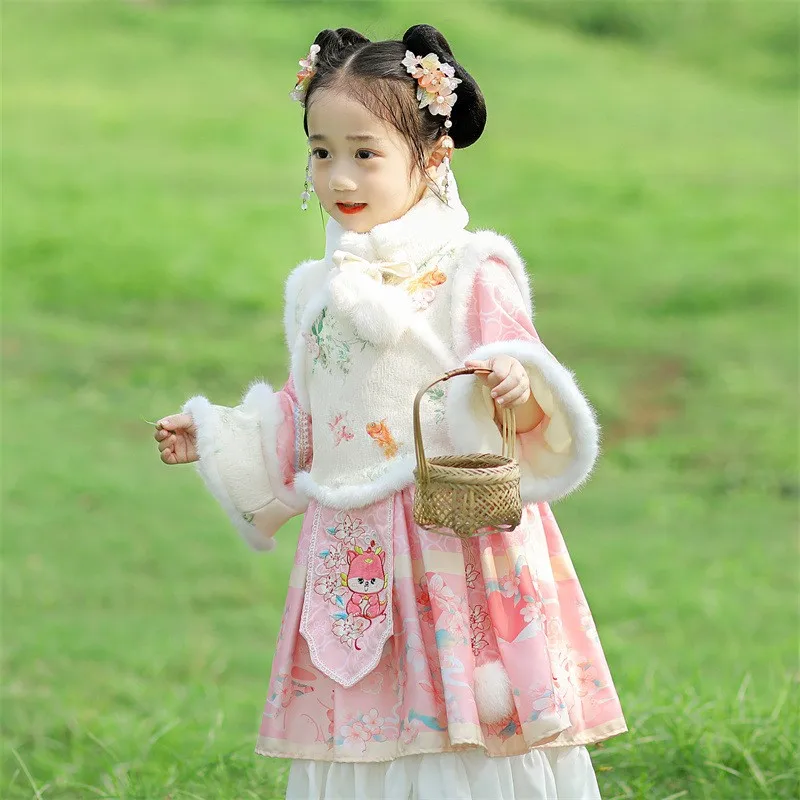 Retro Kids Traditional Tang Suit Baby Girl Winter New Warm Hanfu Dress Embroidery Birthday Gift 2024 Chinese New Year Clothes