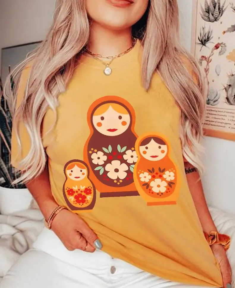 

Russian Doll Pattern, Korean Style T-Shirt,Hand-Painted Graphic Tee Women,Y2k Bunny Design,Oversized Comfort,Summer Fashion 2025