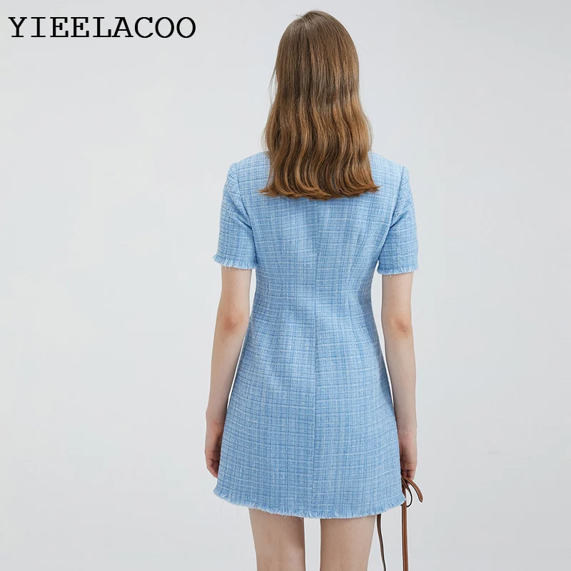 Tweed Dress Blue WomenSpring/ autumn  New Elegant knee-length Mini dress ladies slim bottoming dress one-piece