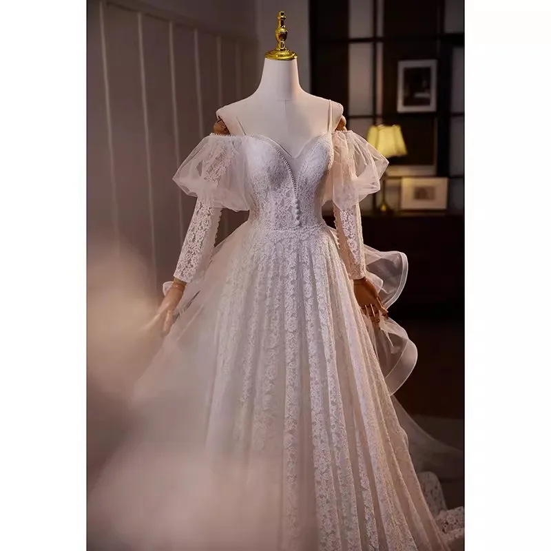 Charmante Kanten Prinses Vrouwen Formele Avondjurken Off Shoulder Een Lijn Trouwjurk Met Lange Mouwen Vestido De Noiva Gewaad