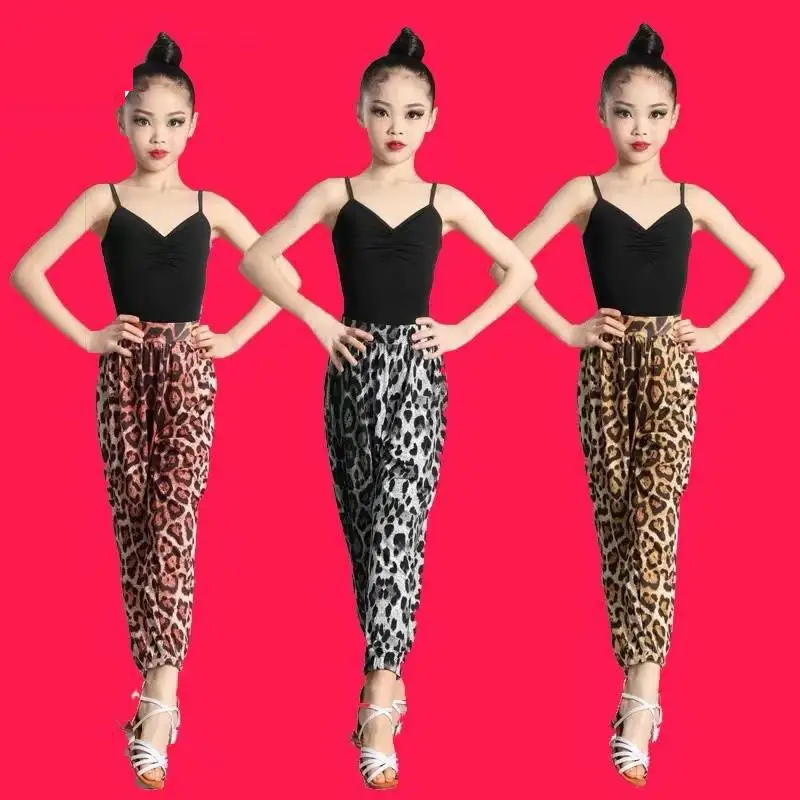 2022 Latin Dance Dresses Ballroom Suits Vest And Leopard Print Pants  Salsa Samba Costume Kids Children Girls Height 120 -170cm