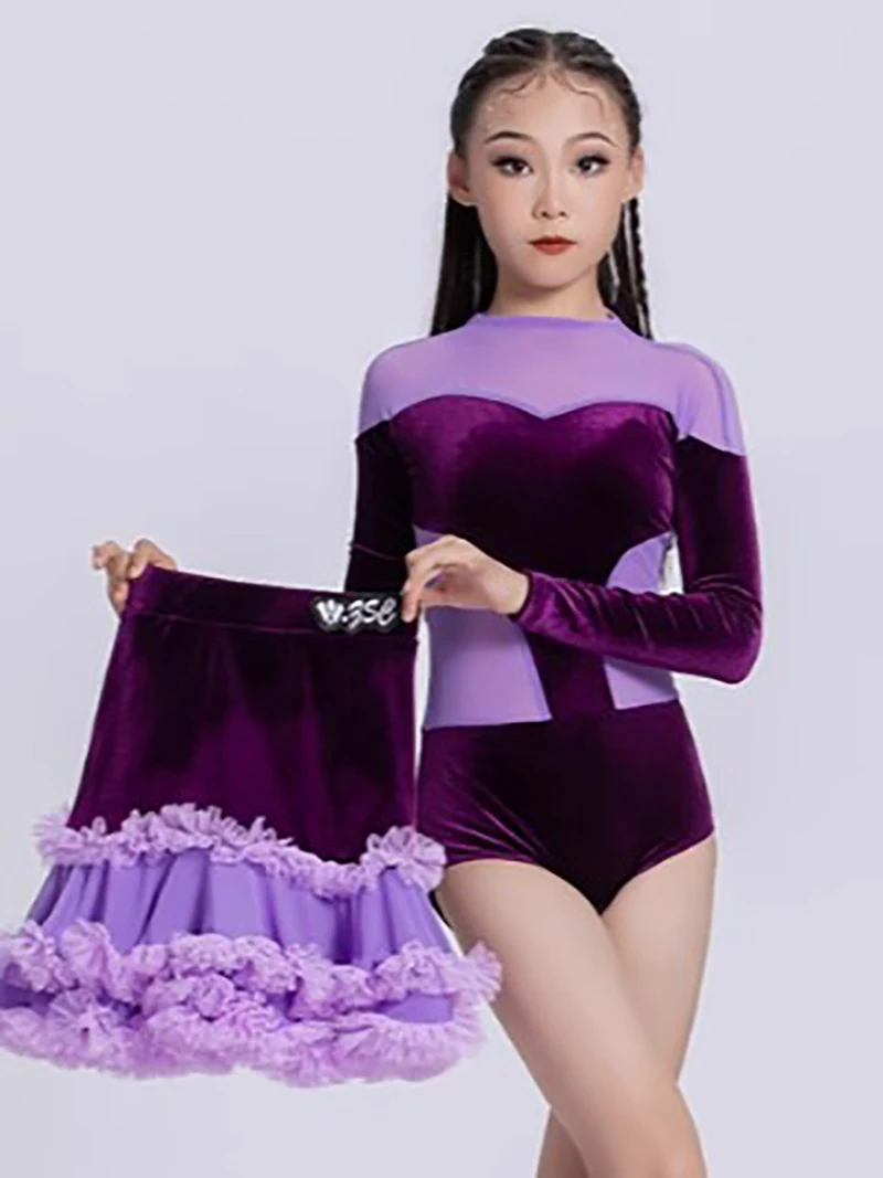 فستان مسابقة الرقص اللاتيني 2025 جديد للأطفال البنات أداء احترافي ارتداءها والتنانير الشتاء المخملية ممارسة زي