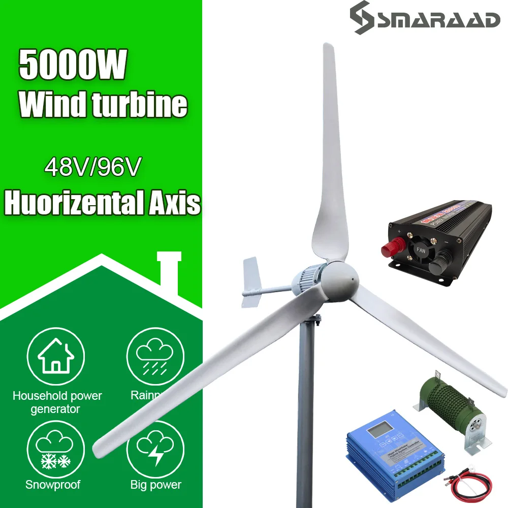 Horizontal Wind Turbine Generator Windmill 5000W 48V 96V 3 Blades With MPPT Charger Controller Shipped From Polish Warehouse