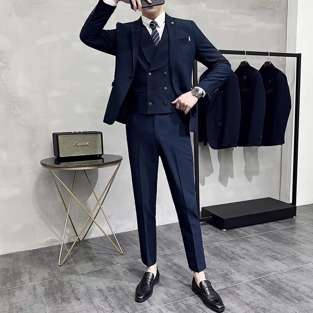 

Navy Blue 3 Piece Set Men Business Suits Groom Groomsman Wedding Party Formal Occasions Tuxedo Jacket Vest Pants 01