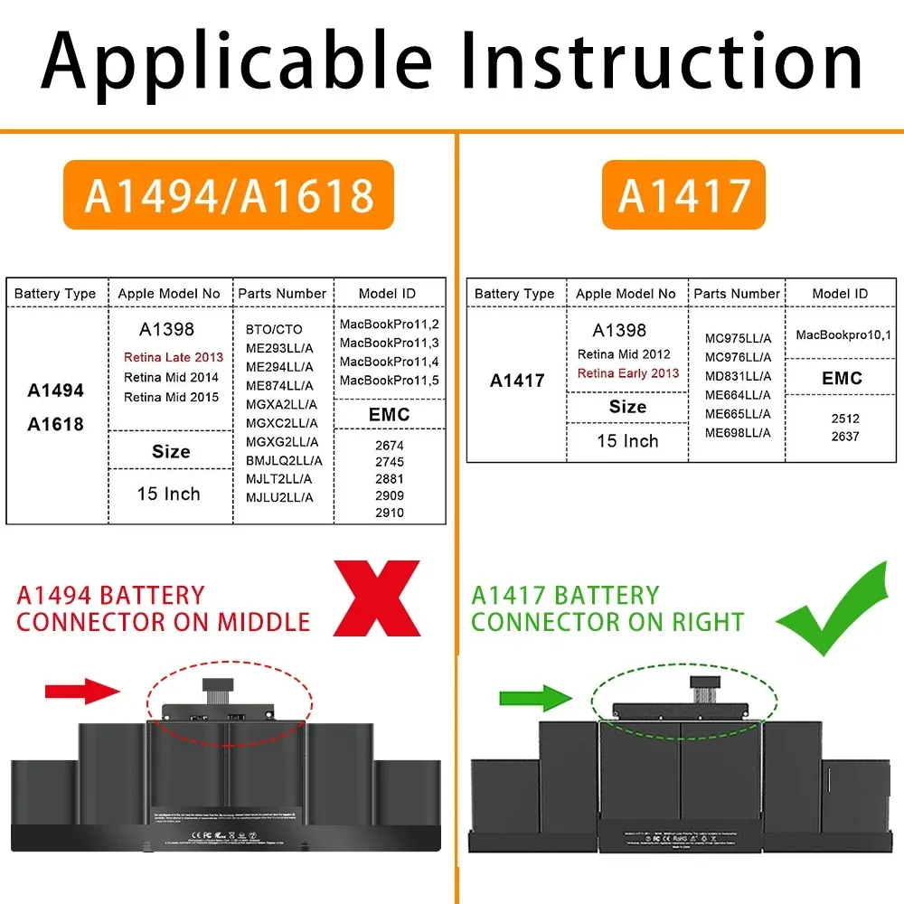 NOBI A1417 Laptop Battery for Apple MacBook Pro 15" A1398 Retina 2012 2013 2014 Year MC975LL/A MC976LL/A MD831LL/A ME665LL/A