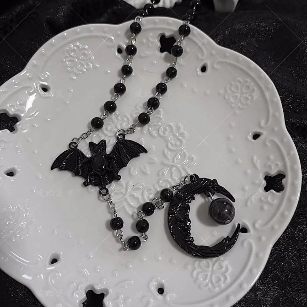 Gothic Punk Black Vampire Bat Human Face Crescent Tassel Pendant Beaded Chain Necklace for Women Men Halloween Party Jewelry
