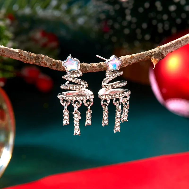 French Light Luxury Zircon Christmas Tree Earrings For Women Sparkling Crystal Stars Tassel Earrings New Year Jewelry Gift