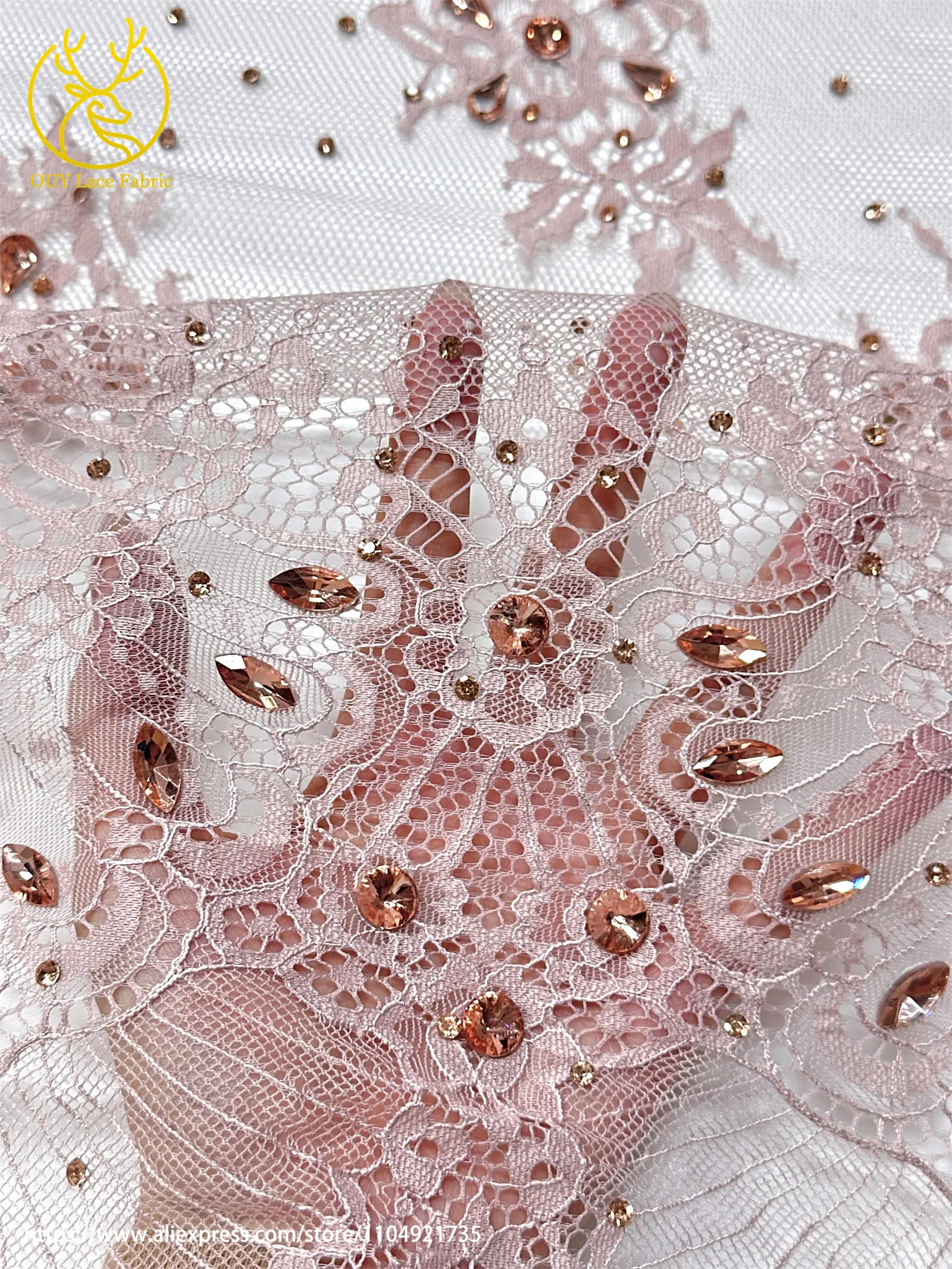 2026 Heißer Verkauf: Edles, luxuriöses, handgefertigtes Stickerei-Netzspitzenstoff mit Steinen für Damen-Hochzeitskleider, 3 Meter – Detail 6