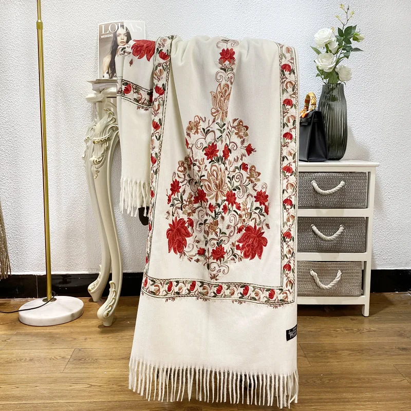 

Vintage Embroider Flower Scarf Oversize Echarpes Tassels Scarves Women Spring Warm Pashmina Cape Long Tassel Bufanda Mufflers