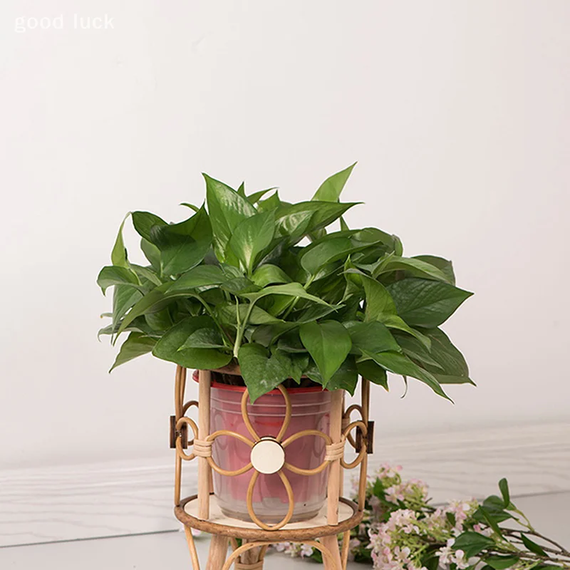 Hollow Flower Stand Hand-woven Imitation Rattan Plant Tripod Stand Pastoral Flower Baskets Stand Balcony Planter With Wooden Leg