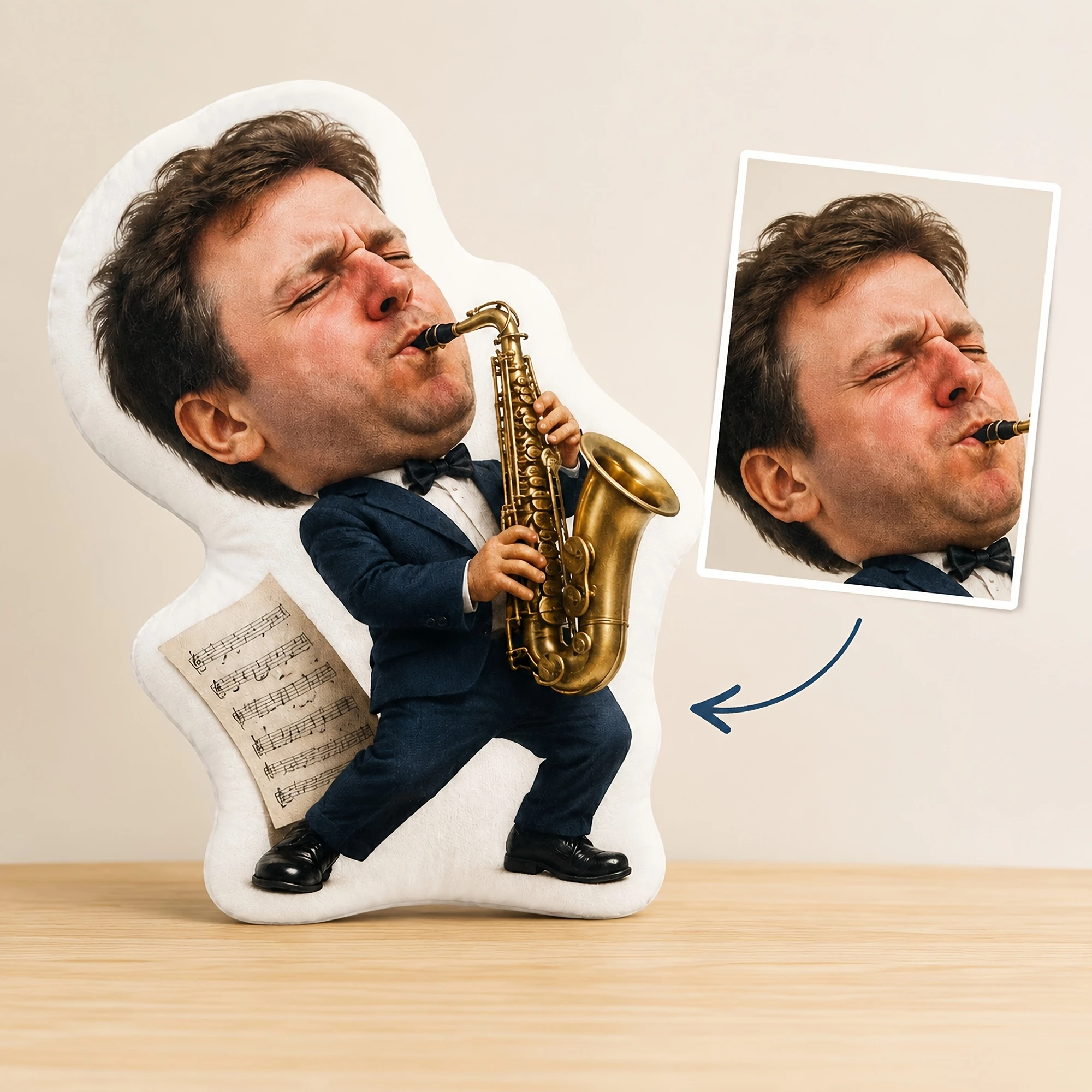 1pc [2D Flat] Custom Double-Sided Printed Creative Funny Shaped Throw Pillow, Saxophone Player Design for Music Lovers, Novelty