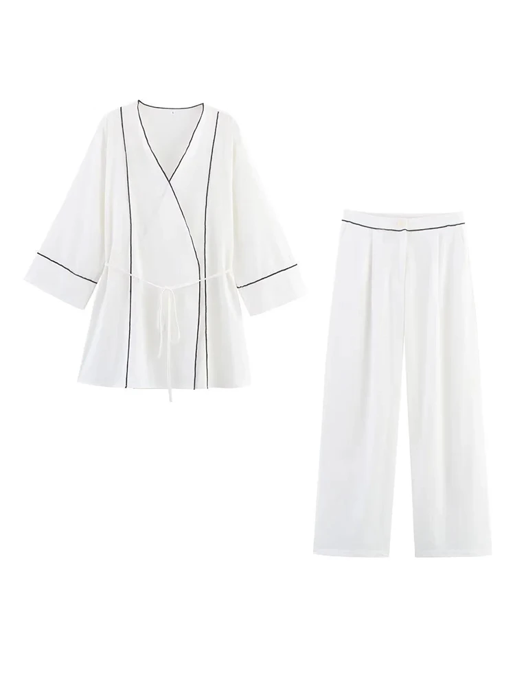 

Summer Loose White Blouses And Wide Leg Pants Matching Set 2025 New Fashion 2 Pcs Set