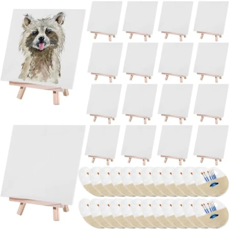 

120 Pcs Painting Set with Easels Includes 12 Wood Easels 24 Painting Canvas 72 Nylon Hair Brushes and 12 Plastic Palettes with