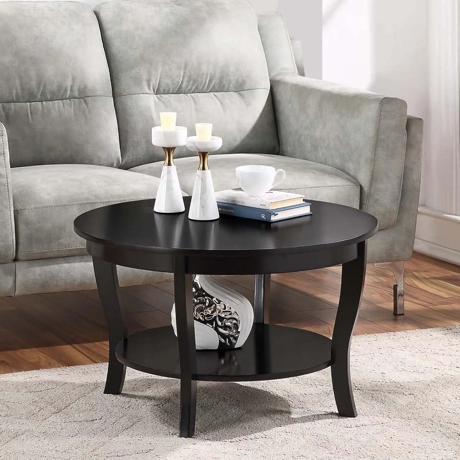 Round Coffee Table with Shelf Wood Finish Classic Style Two Tier Storage 30x30x18 Inch Black, Customized