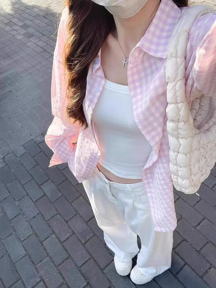 

Womens Checkered Shirt Pink Long Sleeve Loose Fit Sun Protection Top Sweet Fashion Casual Style Spring Summer Autumn Wear