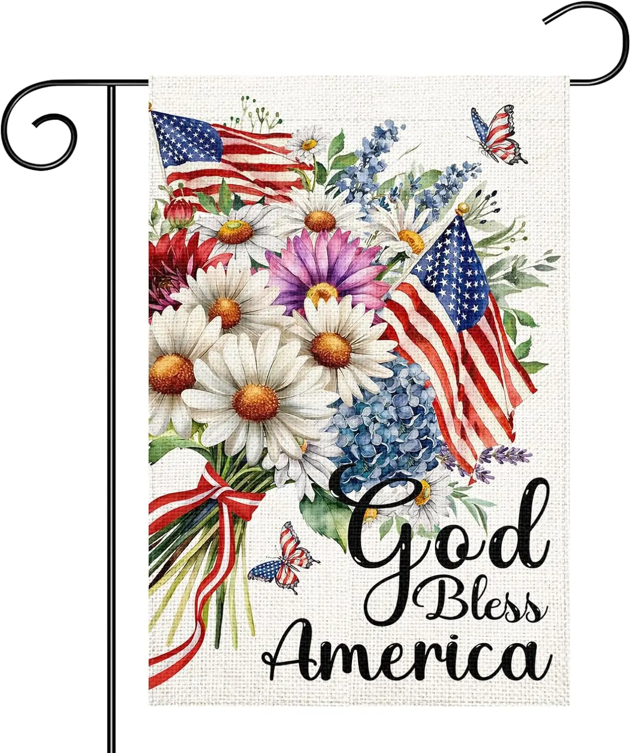 Patriotic 4th of July Floral Garden Flag 12x18 Inch Double Sided Burlap God Bless America Garden Flag for Outdoor Yard Lawn  WWP