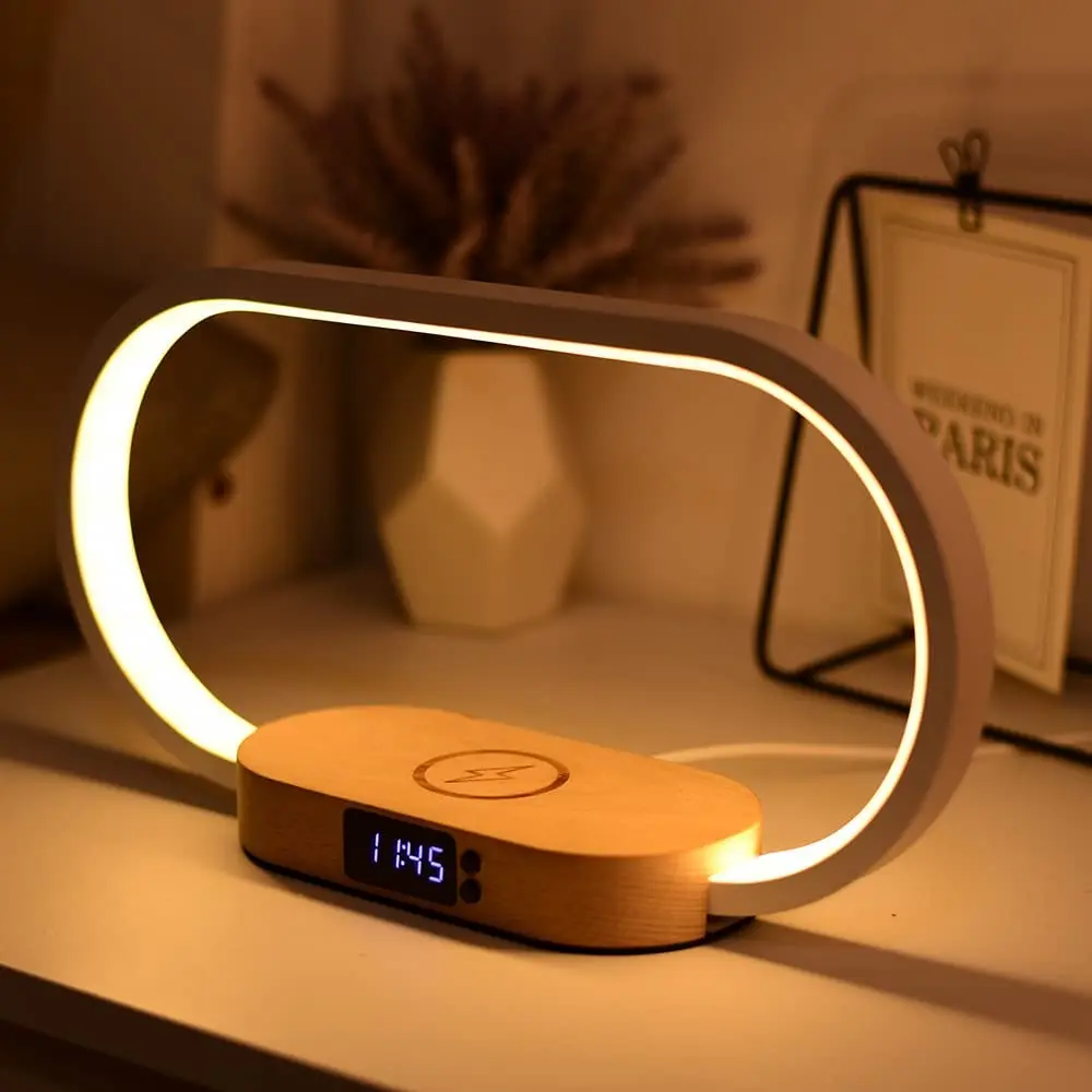 Wireless fast charging touch night light solid wood bedroom bedside table lamp with wireless charging and clock