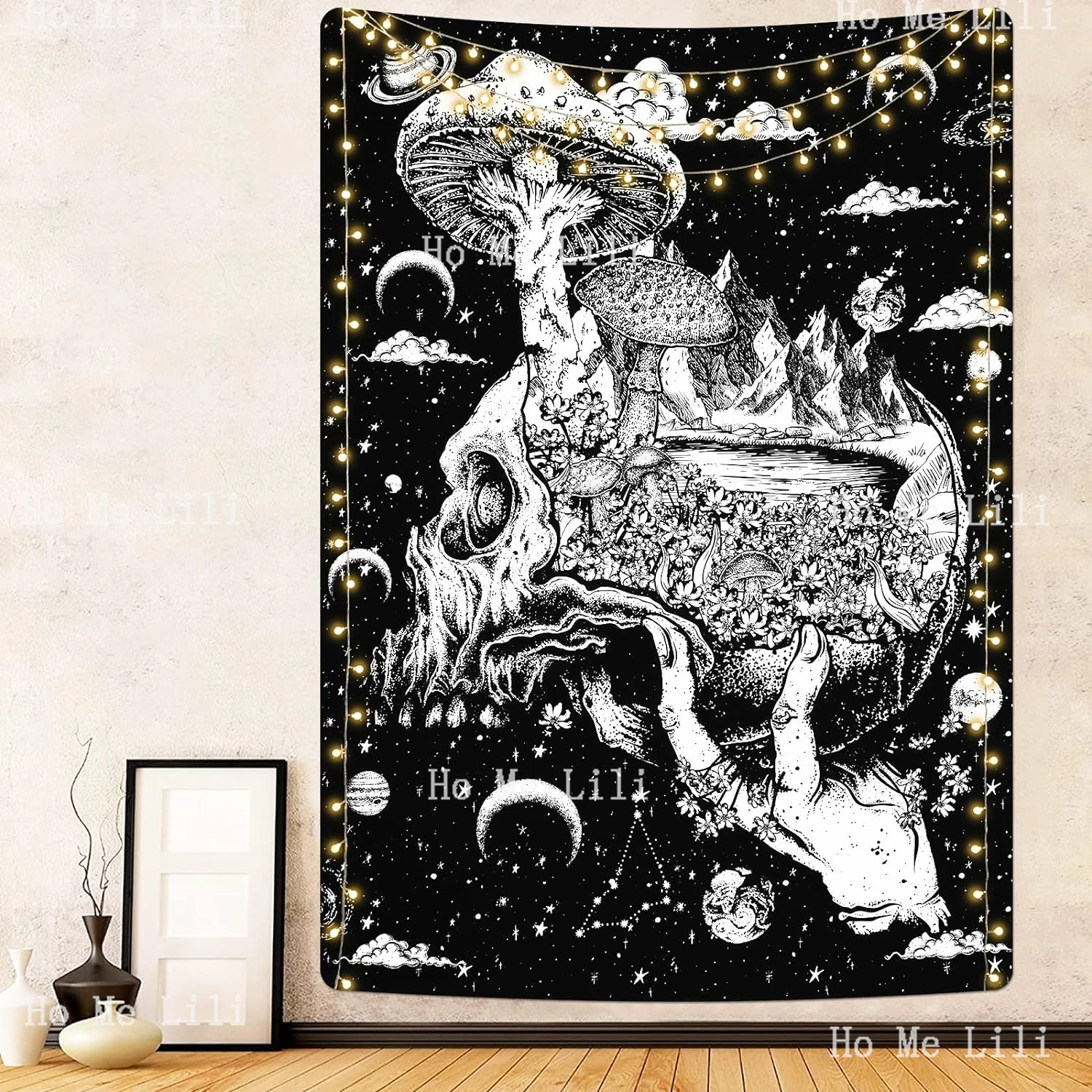 Uspring Skull Mushroom Moon And Stars Skeleton Mountain Tapestry Nature Landscape Wall Hanging For Room Decorate