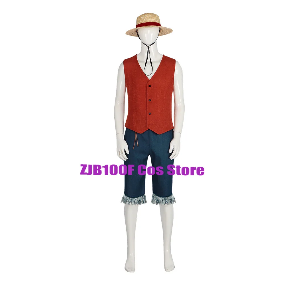 Film Ruffy Cosplay Kostüm Uniform rote Weste Hosen Hut Set Anime Ruffy Kostüm Halloween Party Outfit für Männer Frauen