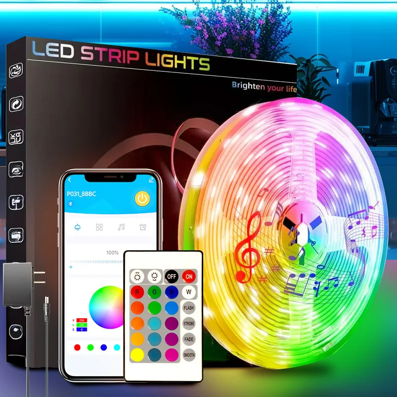 Smart Led Light Strip Supports App Control and Comes with Remote Control. Built-In Microphone Supports Music Rhythm Mode. You Can Be Adjusted According to the Color to Control Program, Timing Switch, Model Switching, Suitable for Bedroom, Living Room, Kitchen, Ceiling Decoration.