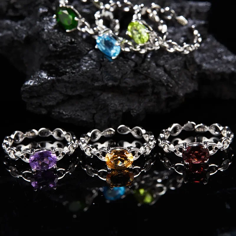 S925 Sterling Silver Natural Topaz Garnet Diopside Amethyst Olive Treasure Ring Women's Live Wholesale