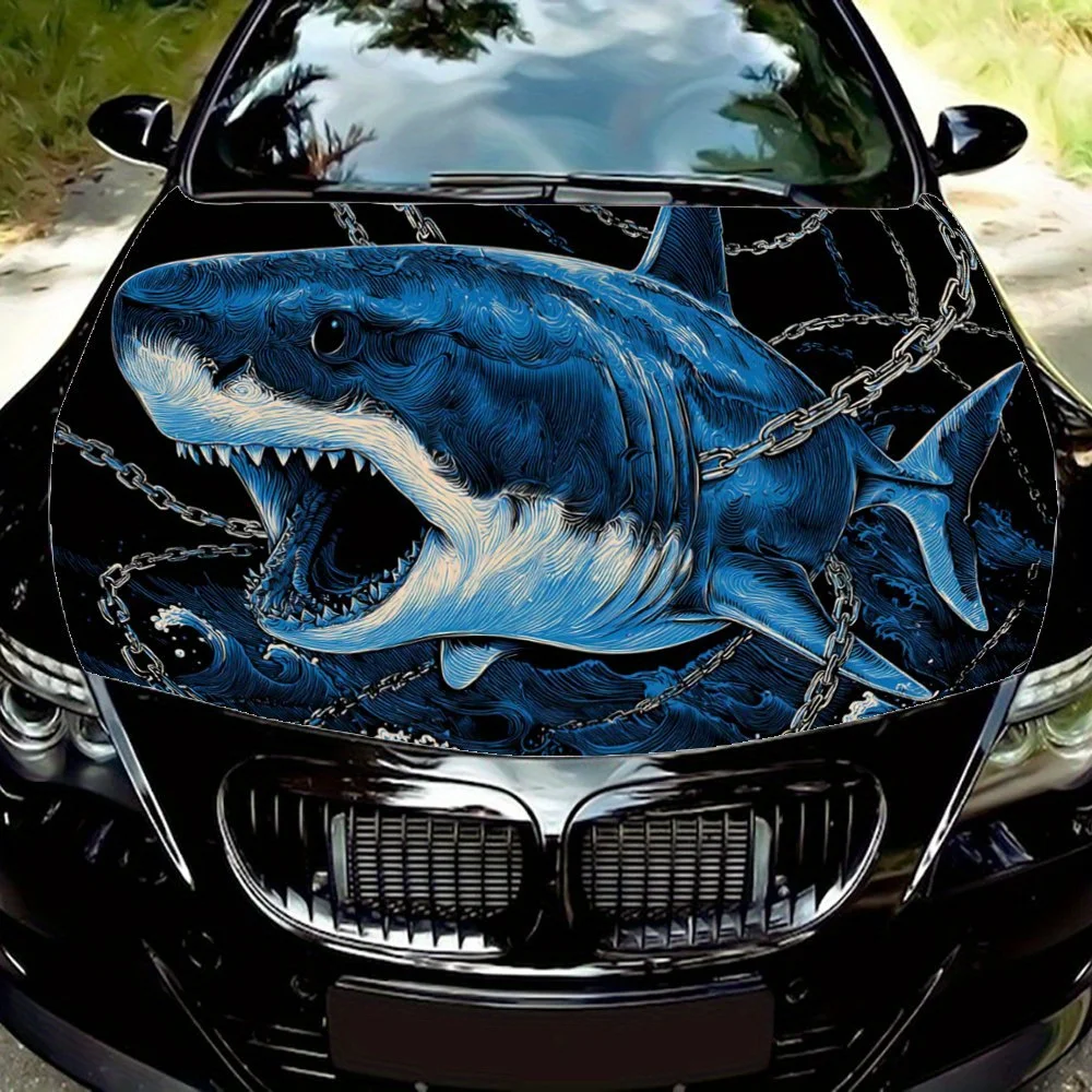 

Chained Shark in Turbulent Waves Car Vinyl Wrap, PVC Waterproof Car Hood Sticker, Self-Adhesive Scratch-Resistant Stickers for E