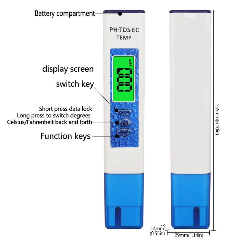 Pluma de prueba de PH, sonda de alta sensibilidad Cuatro en Uno, pluma TDS/TEMP, calibración EC de un punto para el hogar, medidor de prueba de calidad del agua