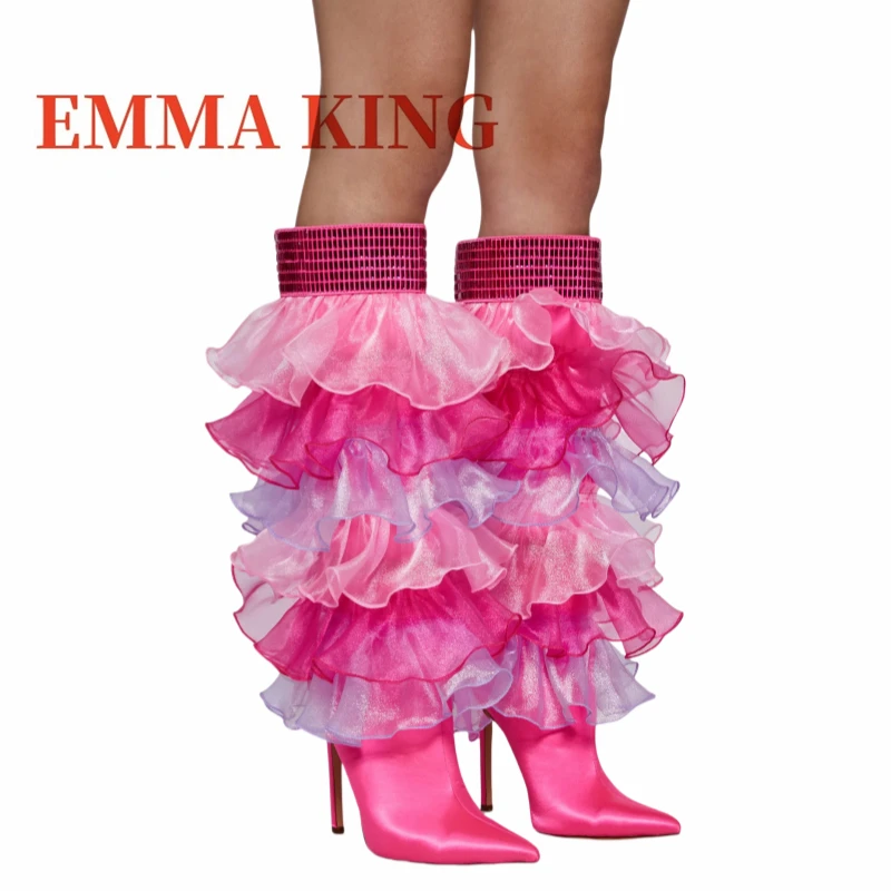 Ruffle Satin Knee-high Heeled Boots Women'S Pointd Toe Stiletto Heel Boots Fashion Rhinestone Cuffs Party Summer Modern Boots 44 image 4