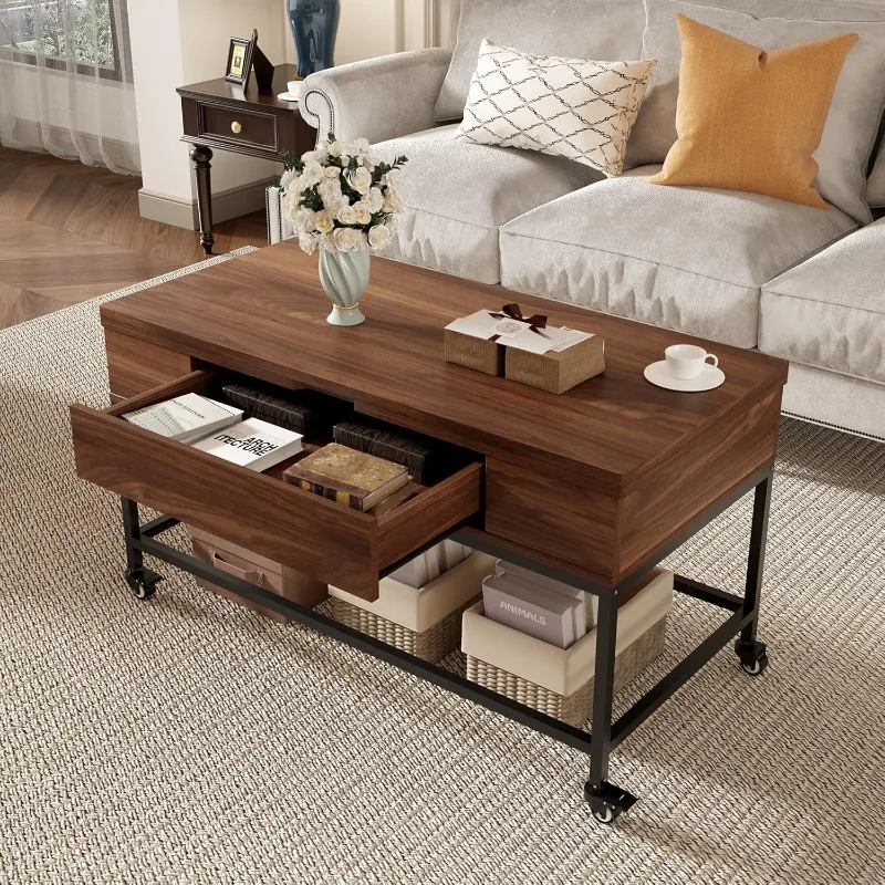 Elevated Coffee Table, 3 in 1 Folding Rolling Coffee Table with Sliding Storage Drawers, Metal Frame Solid Wood