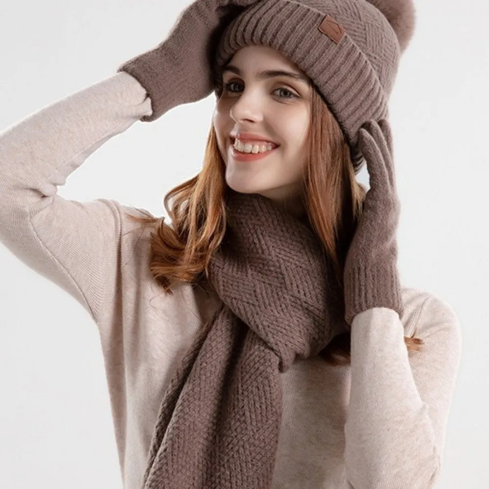 3Pcs/Set Warm Winter Hat Scarf Gloves Set Thicken Windproof Knit Beanie Snood Set Soft Lining Scarf Neck Warmer Suit