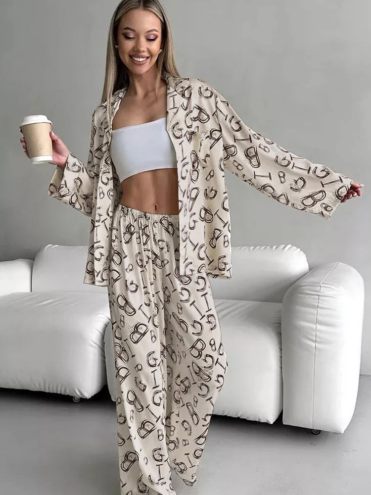 Hiloc Loose Women\'s Home Clothes 2 Piece Sets Print Long Sleeve Sleepwear Female Casual Trouser Suits 2024 Summer Nightwear