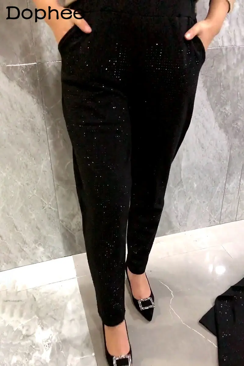 Hot Rhinestone Casual Pants Women Fashion Pocket Elastic Waist Loose Black Harem Pants 2022 Fall Winter Sweatpants Oversized 7xl