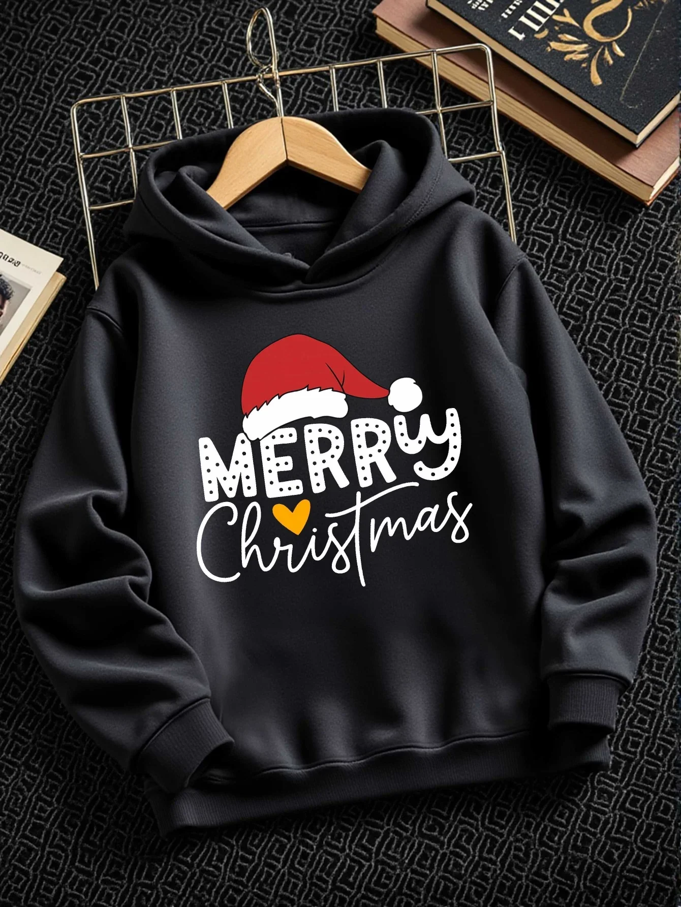 Merry Christmas Kids' Hoodie, Santa Hat with Letter Print Warm Fleece Hoodie for Autumn and Winter a Must-have for the Holidays