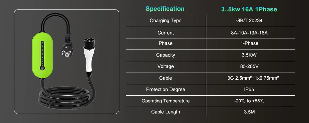 IPENGEN 3,5KW EV-Ladegerät Tragbar Typ2 16A 1-Phasig GB/T / Typ1 EVSE Ladebox für Elektrofahrzeuge mit Einstellbarem Strom – Detail 3