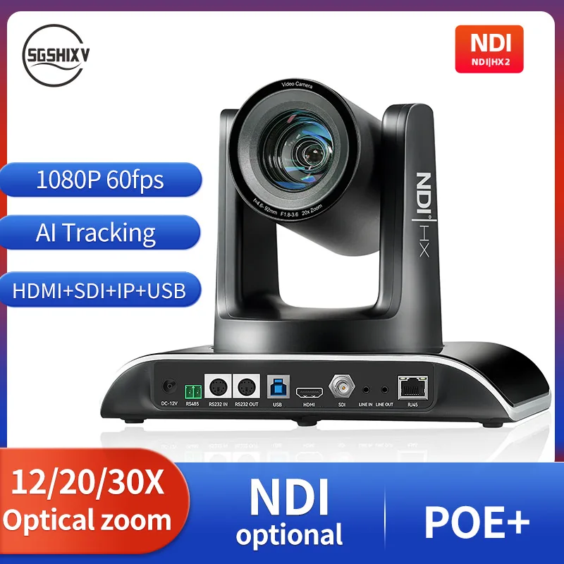 

NDI PTZ Camera SDI HDMI IP Camera Full 1080P60fps AI Tracking 12/20/30x Optical Zoom POE + Church live streaming recording