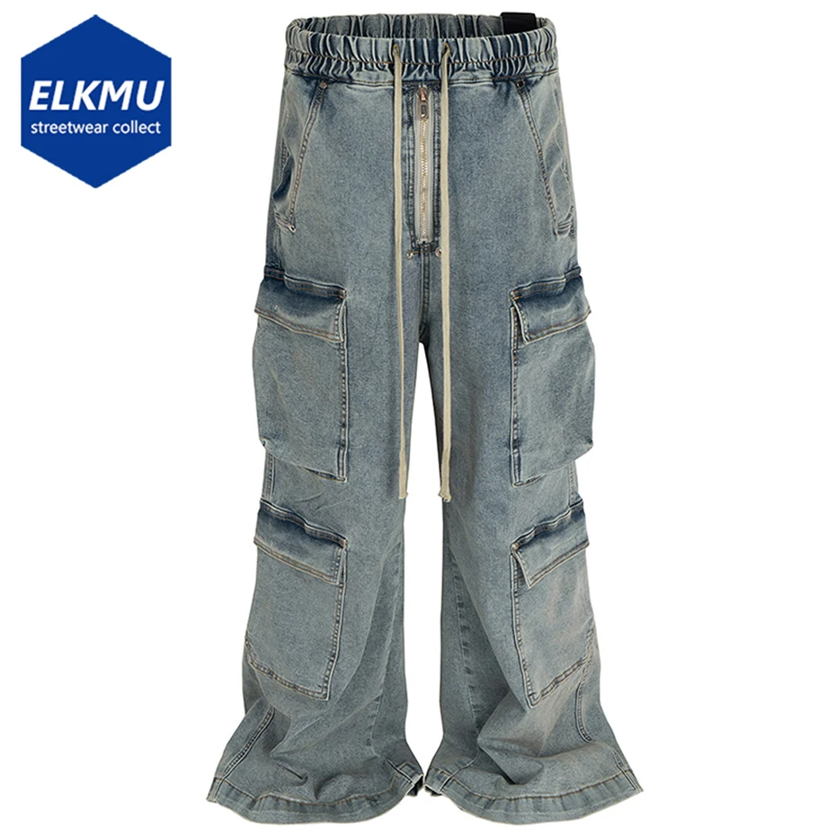 Multi Pocket Baggy Jeans Men's Streetwear Hip Hop Jeans Trousers RO Style Blue Loose Denim Pants