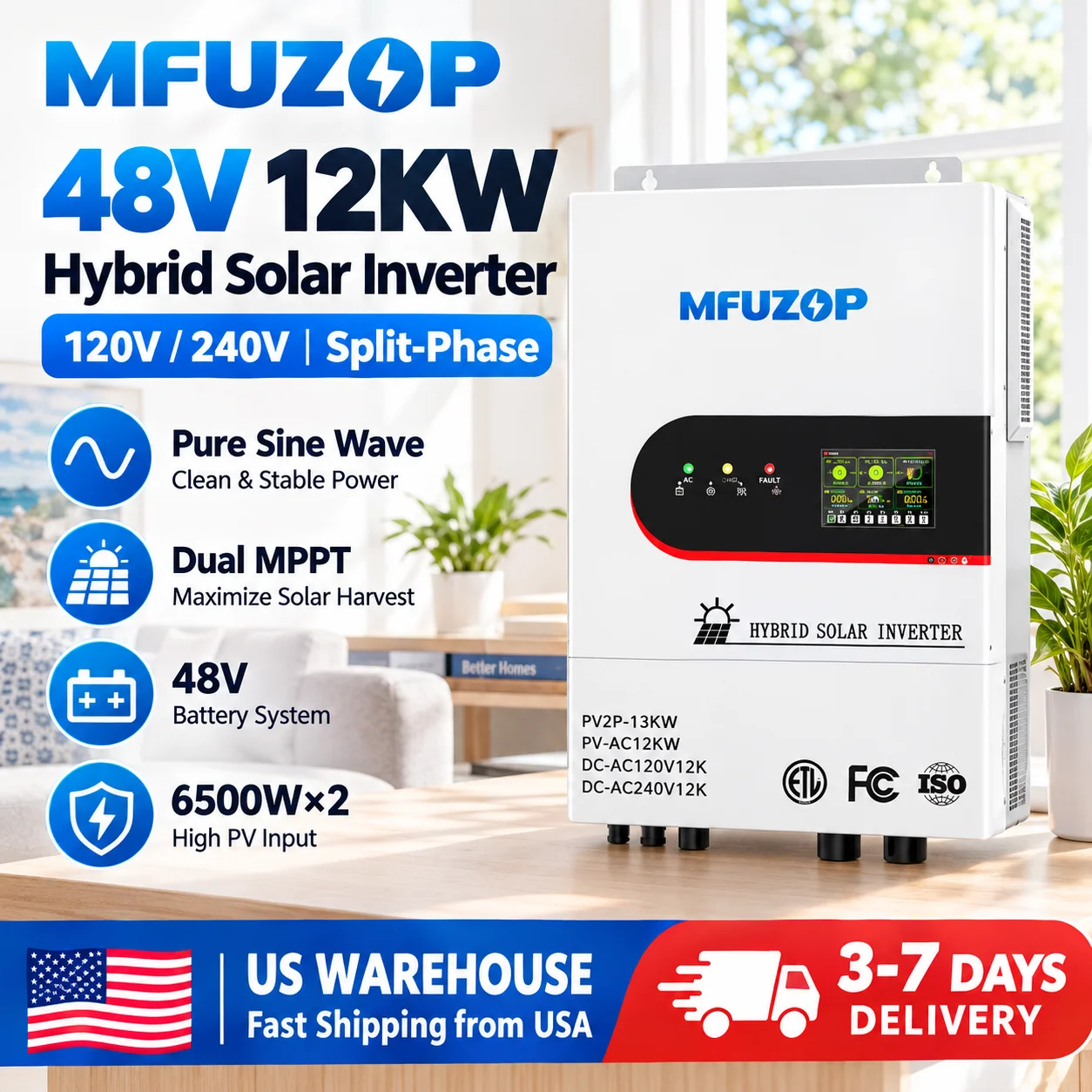MFUZOP 48V 12000W Solar Inverter 120V/240V Split-Phase and Single-Phase Output, Pure Sine Wave, Dual MPPT 6500W*2 Suitable for Home Energy Systems and Emergency Power Supplies. US Store