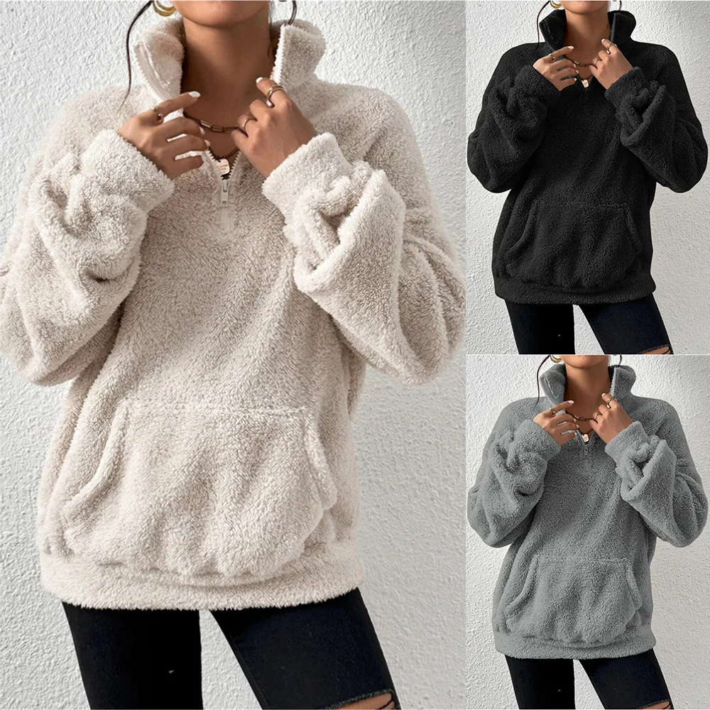 Women's Knitting Hoodies 2025 Autumn Winter Plush Fleece Lined Stand Collar Hooded Sweatshirt New Casual Daily Upper Garment
