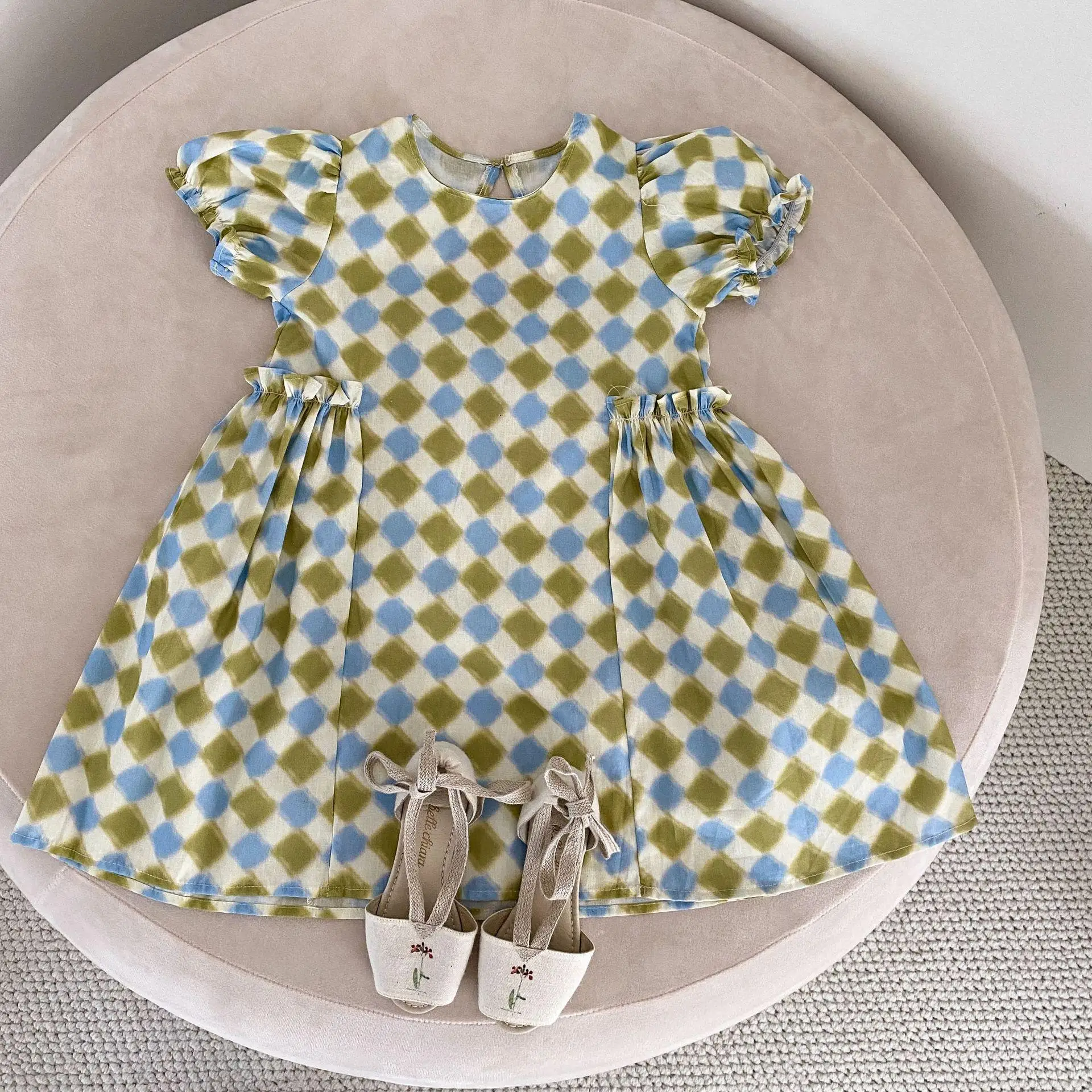 Summer New 1-10 Years Old Brother Sister Clothes Girls Green Square Pattern Dress Boys Cotton T Shirt Shorts 2pcs Suit Clothing image 3