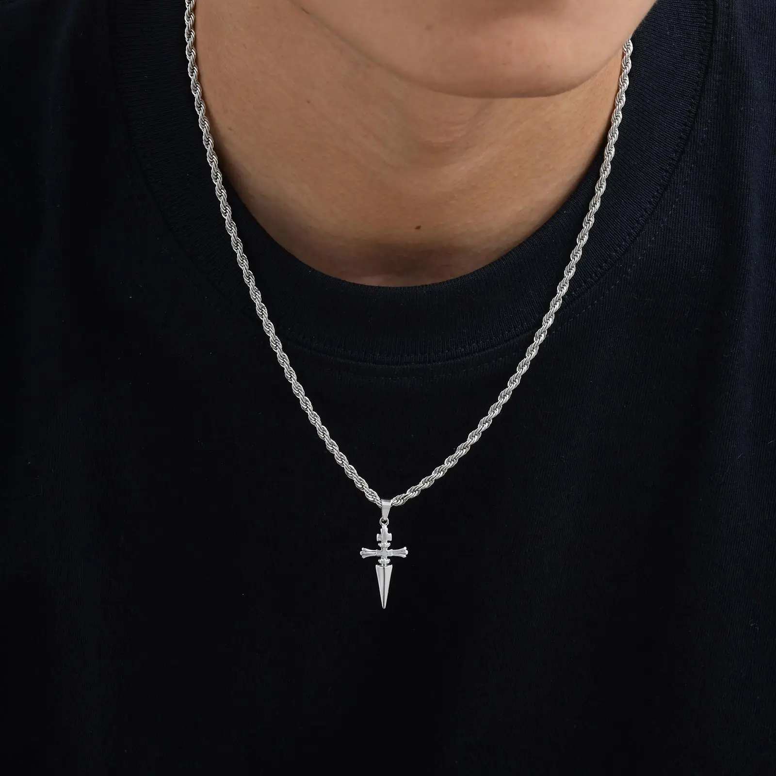 Coole Punk Schwert Kreuz Anhänger Halskette für Männer Edelstahl Twist Kette Halskette Mode Lässig Stil Schmuck – Detail 4