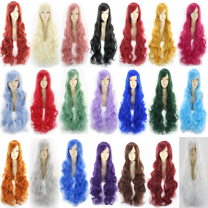 

Female Wigs Cosplay Wig With Bangs Wavy Synthetic Hair Wigs For Women Long Black Blonde Pink Red Purple Blue Orange Green Grey