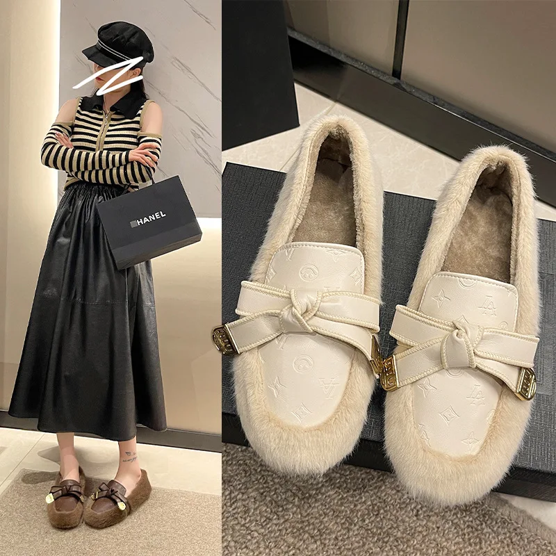 

Plush Loafer Flat Shoes for Women 2025 Fall Winter Slip On Fleece Lined Fluffy Soft Sole Bow Knot Cozy House Outdoor Walking