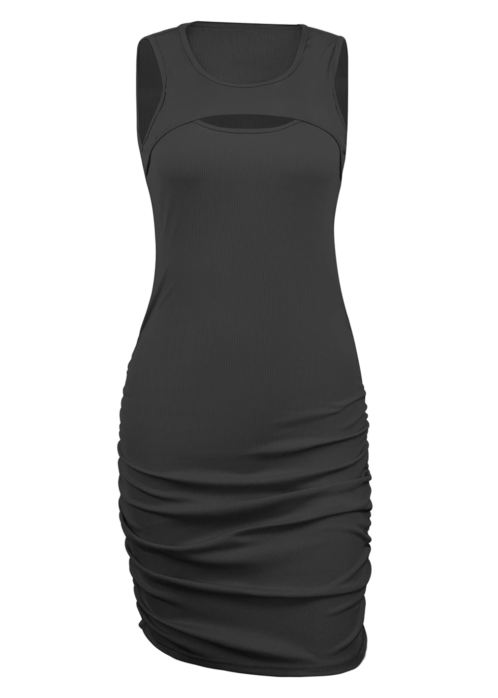 Sexy Sleeveless Ribbed Knit Bodycon Mini Dress for Women, Cut Out Front & Back, Ruched Stretchy Club Dress for Night Out, Party