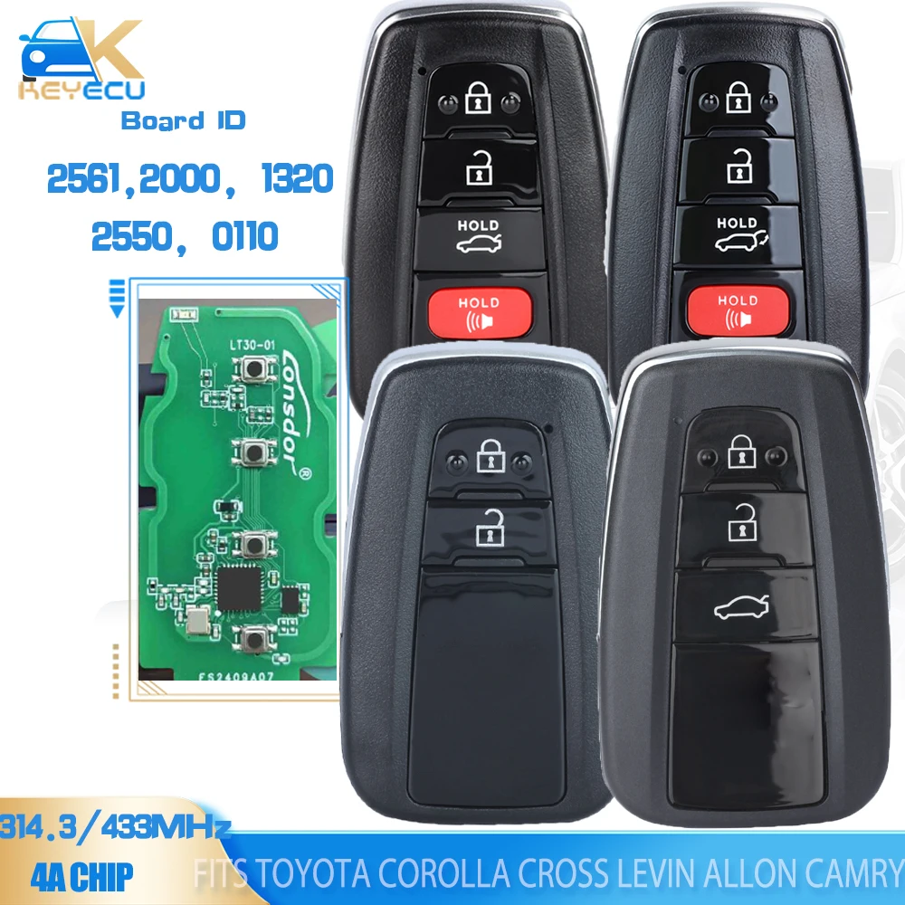 KEYECU Board ID 2000, 2561,1320, 2550, 0110 314.3MHz / 433MHz 4A Fob Smart Remote Key for Toyota Corolla Cross Levin Allon Camry