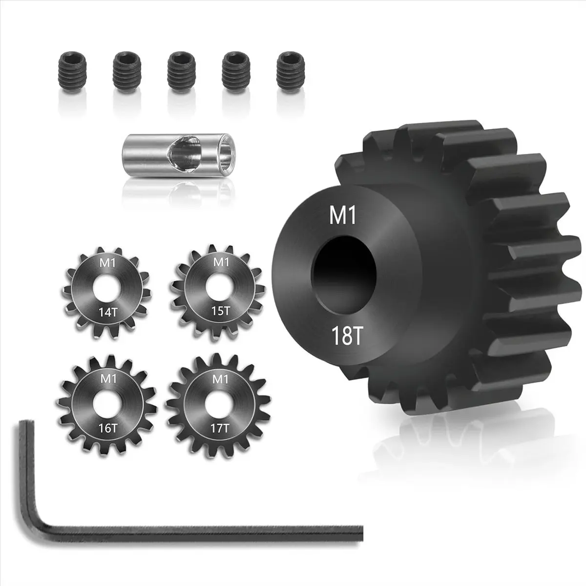 ABME New Pinion Gear Set 5PCS, 14T 15T 16T 17T 18T M1 Pinion Gear Metal Hardened Steel Fit 5mm RC Motor Shaft with Hex Key