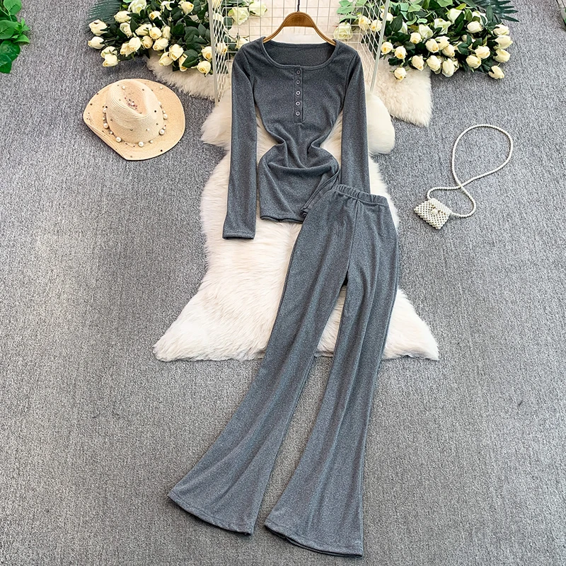 Korean style semi open neck slim fit solid color split knit mid length T-shirt+casual flared pants women's  two-piece set
