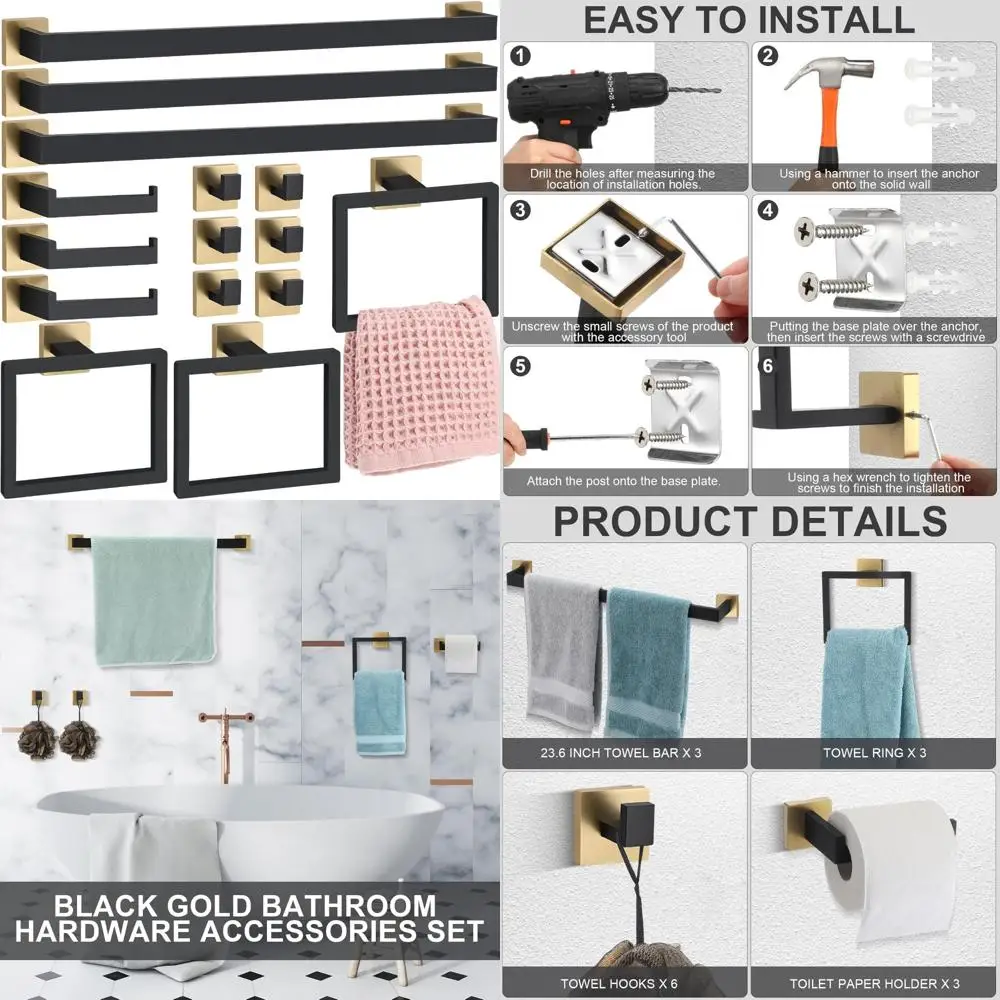 

Stainless Steel Bathroom Hardware Set, 15-Piece Towel Bar Kit, 23.6 Inch Towel Racks for Modern Bathroom Accessories